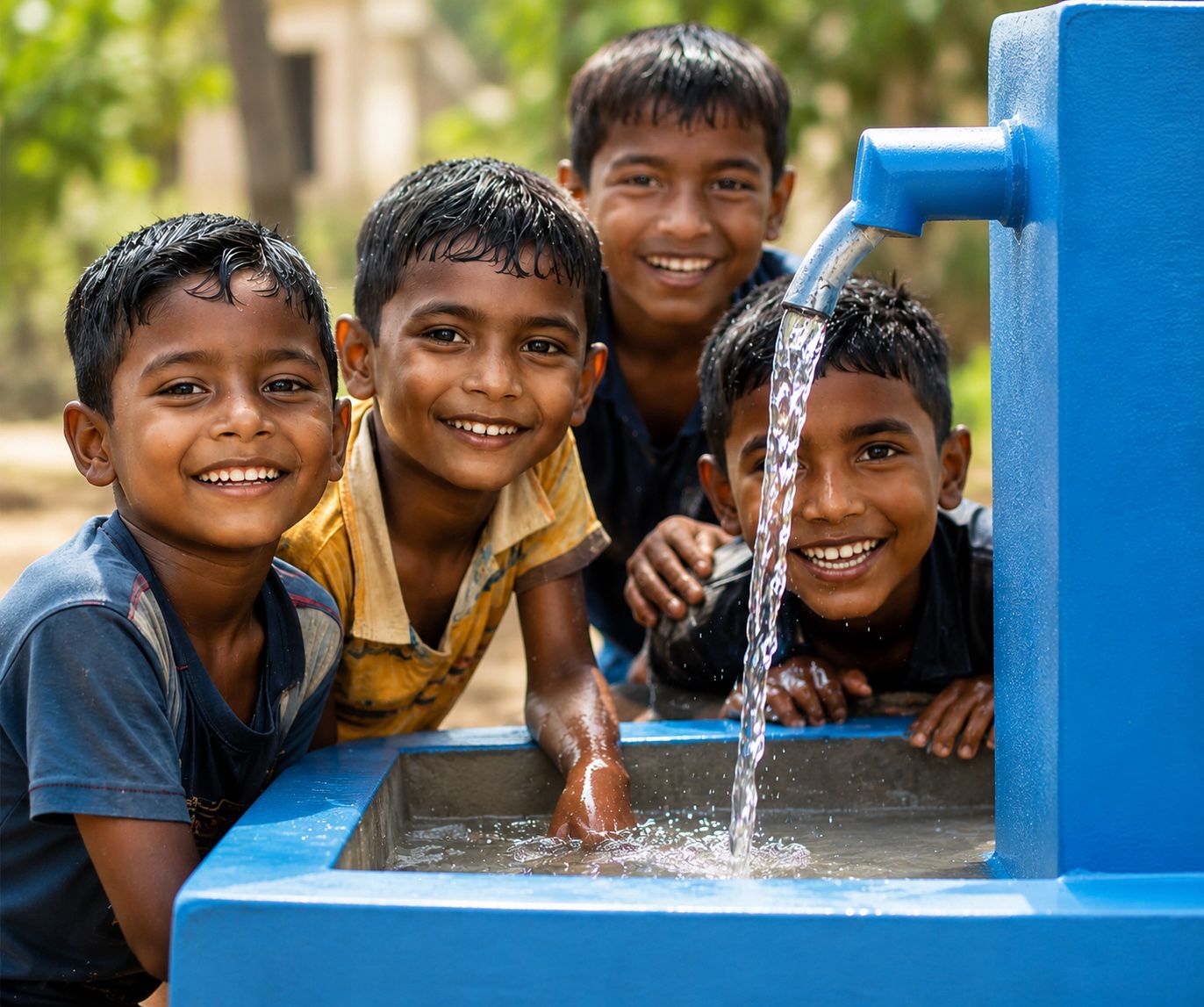 Enfants souriants devant un puits au Sri Lanka