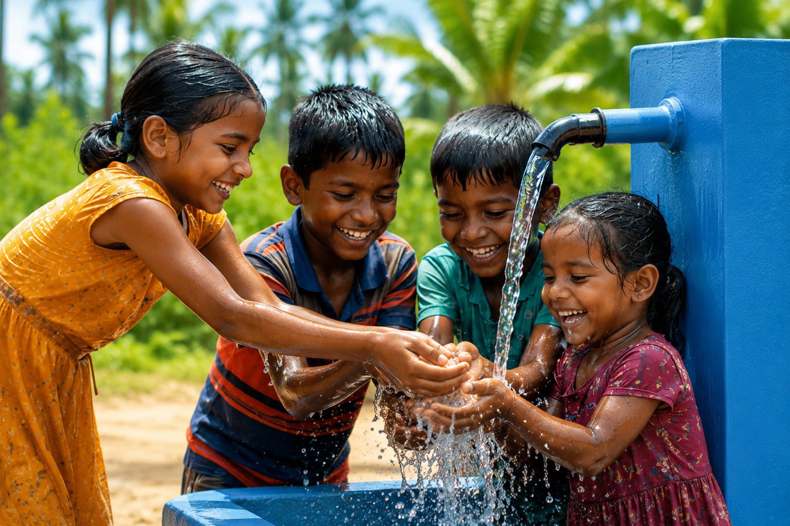 Enfants souriants devant un puits au Sri Lanka